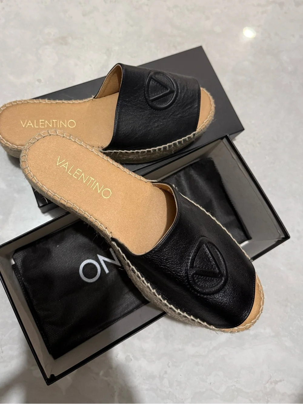 Valentino Black Leather Espadrille Slide Sandals